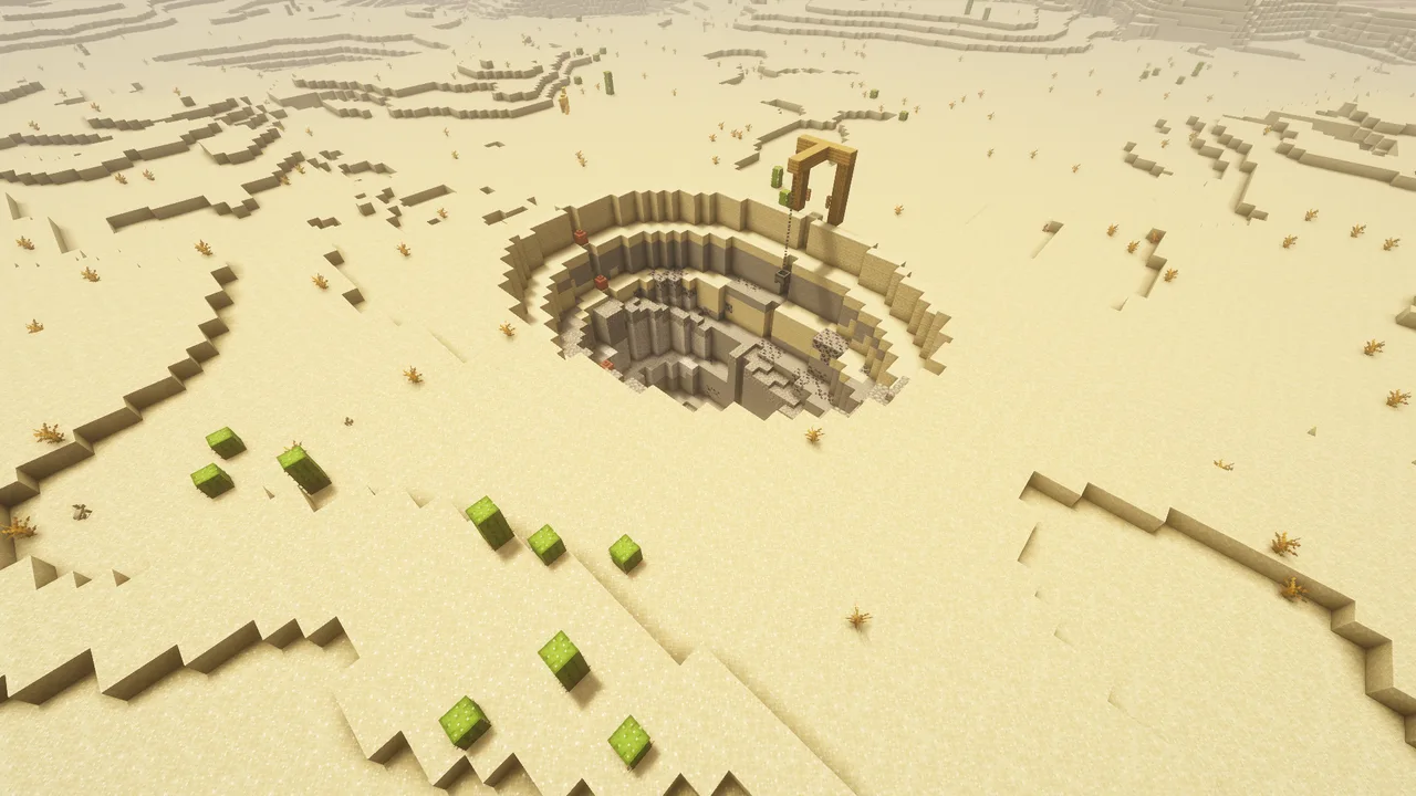 An open-pit naquadah mine cut in terraces, a timber hoist over its rim