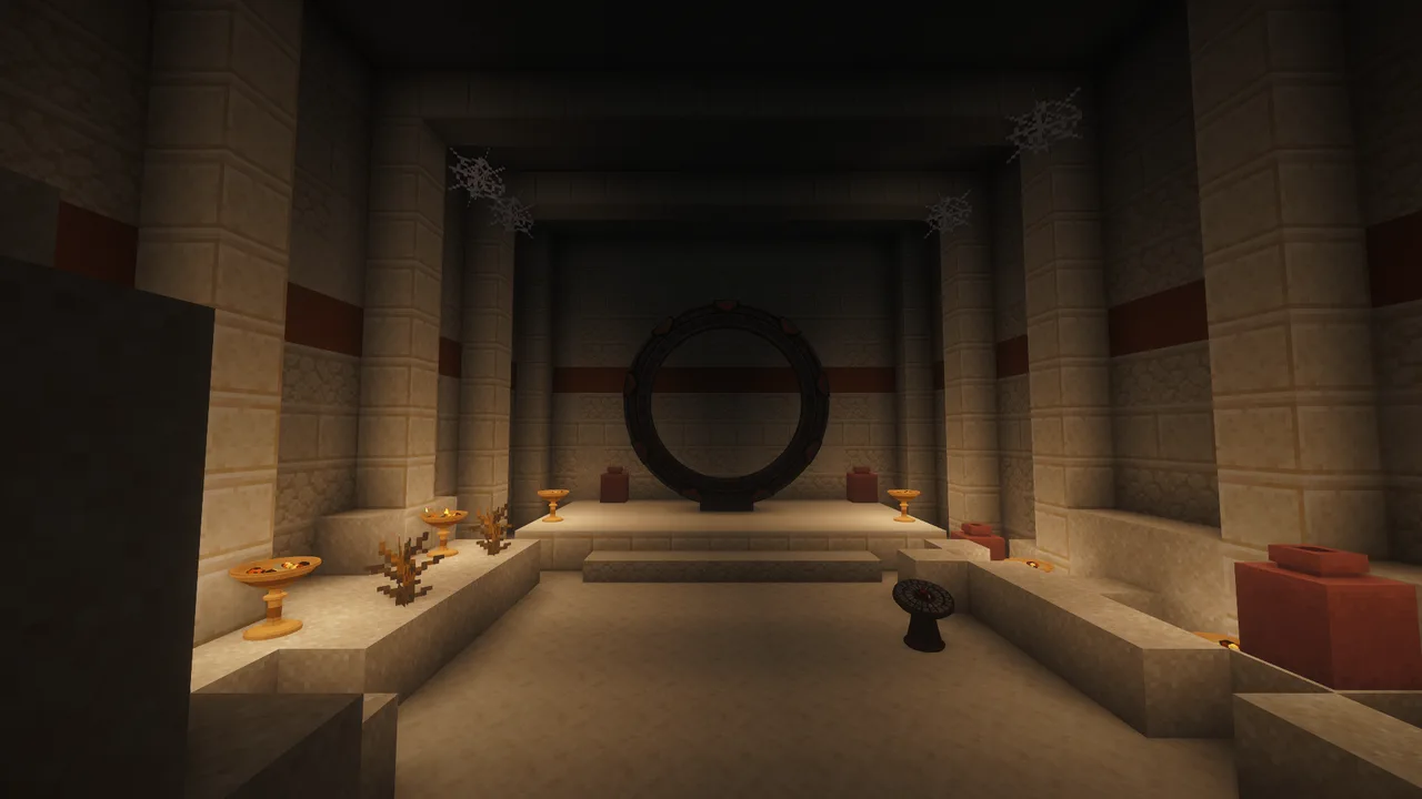 A long sandstone hall under the desert, lit by braziers, with a Stargate on a dais at the far end