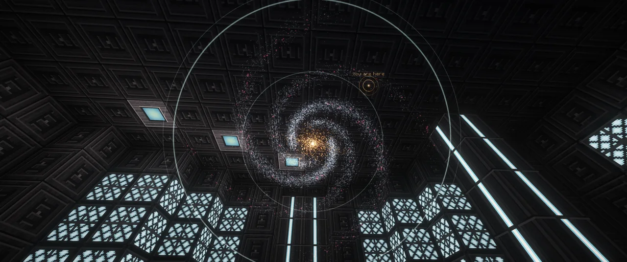 A spiral galaxy projected above the chair